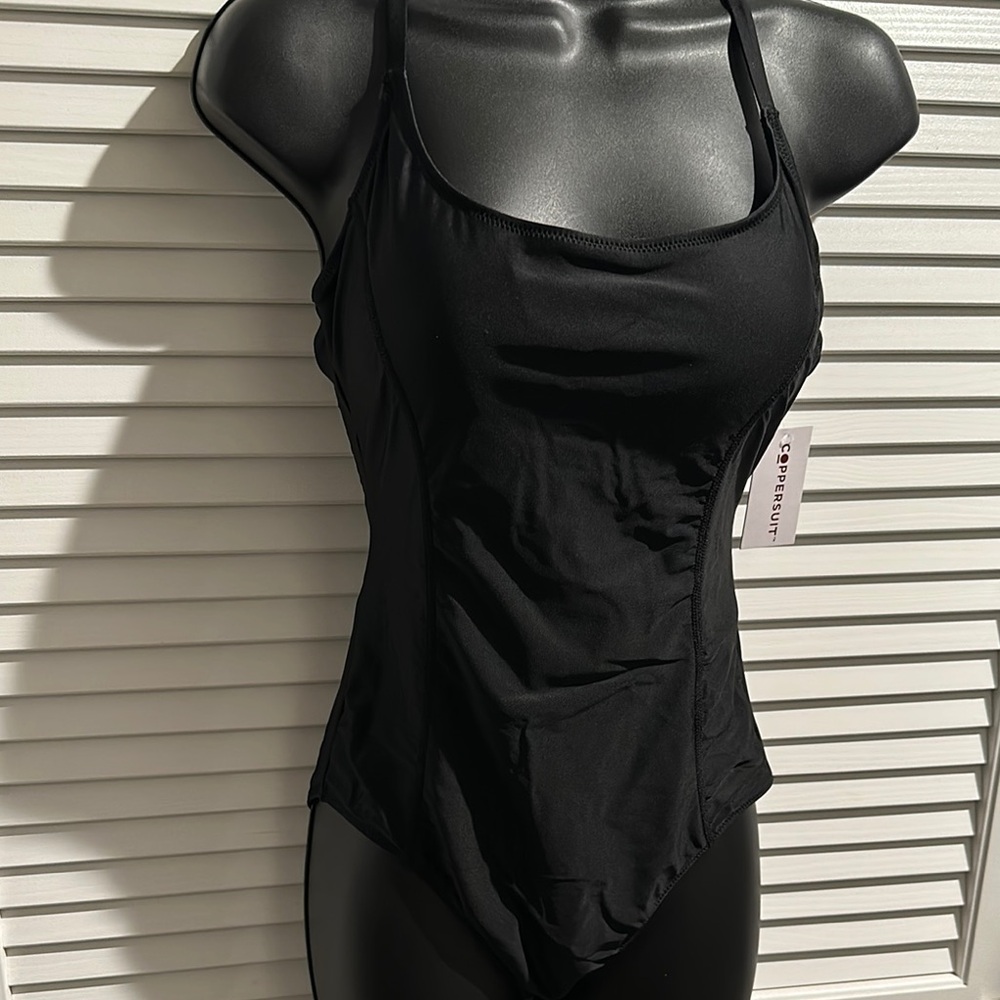 NWT Coppersuit One Piece Black Swimsuit with adjustable Straps and Built in Bra.